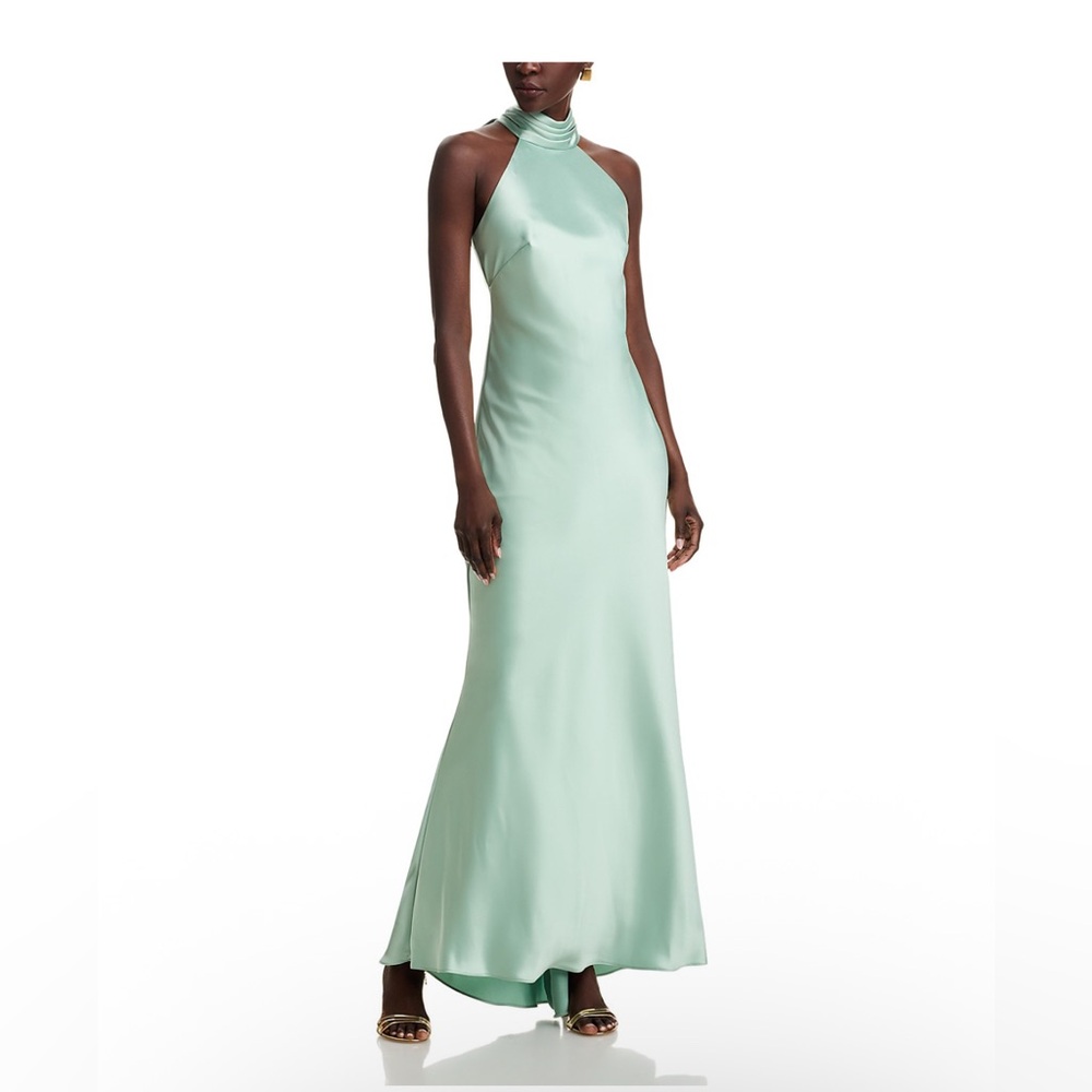 Aqua Formal Mint Green Satin Halter Gown Bow Back NWT Size 12 BLACK TIE GALA MOB